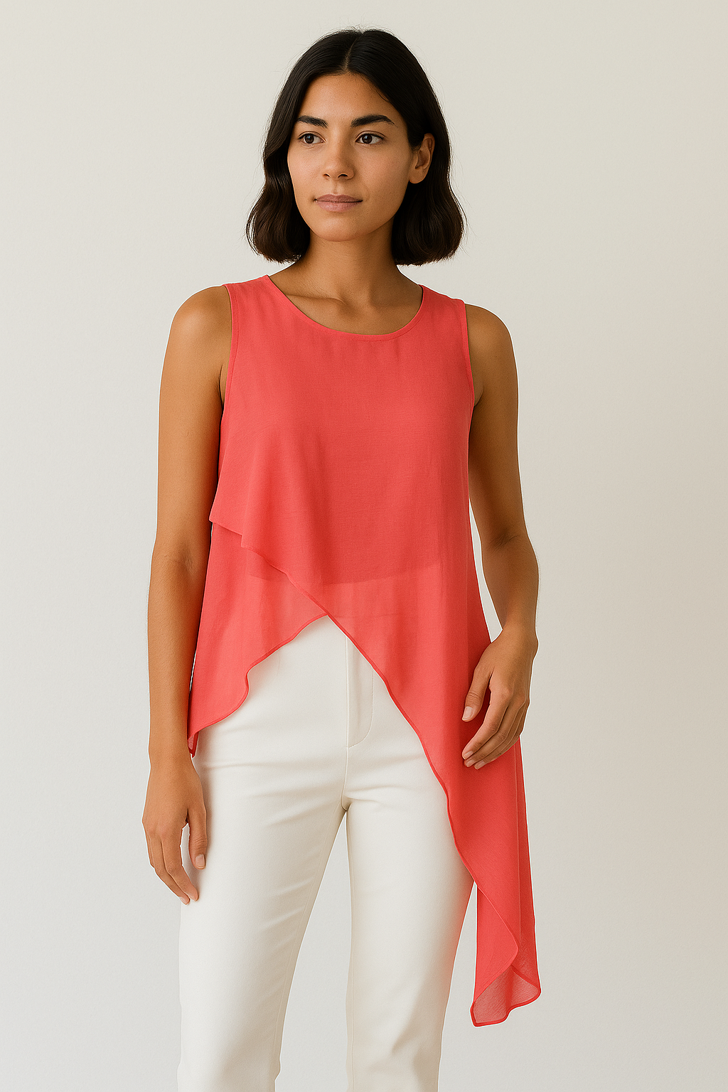 Blusa regata de tecido nobre de raspas de bambu, cor salmão, com ponta longa diagonal, ideal para mulheres modernas, para elegância e conforto em momentos especiais. Gisele.