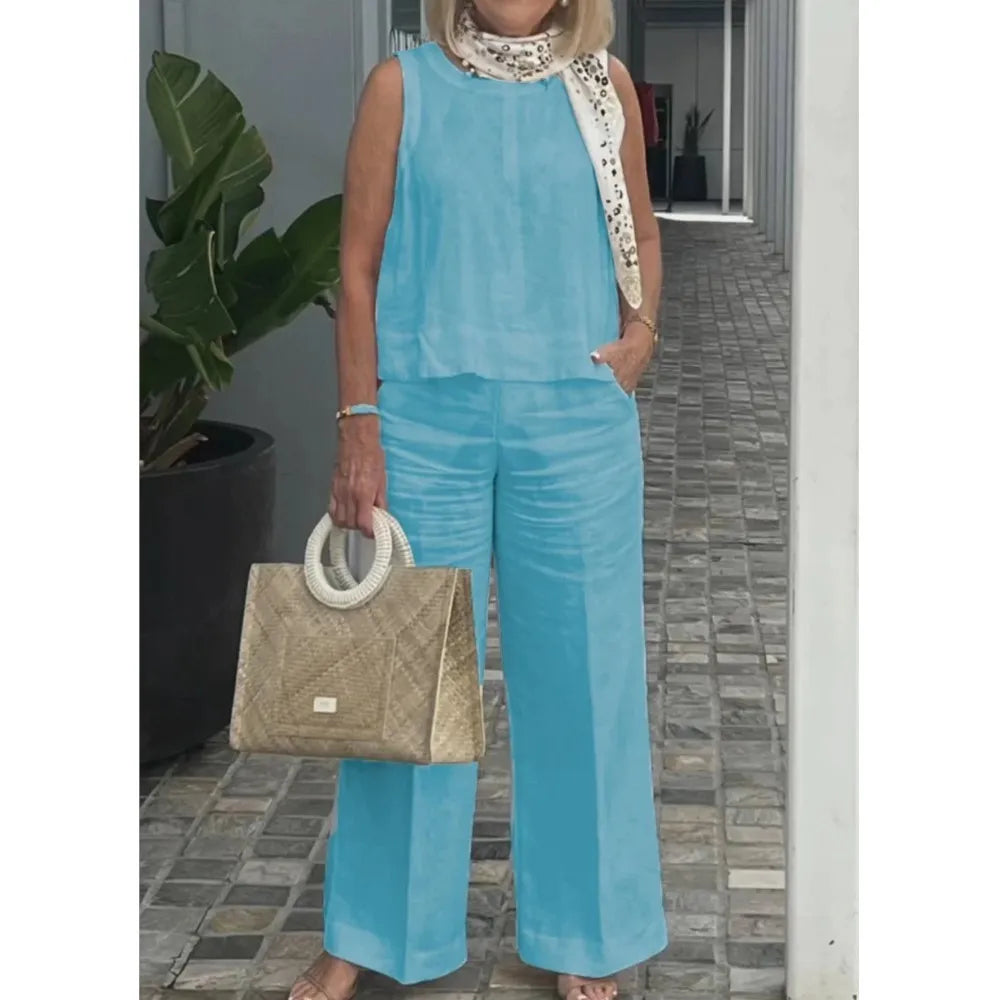 Conunto Misto sem mangas feminino, calça monocromática, bolso casual simples, elegante feminino, conjunto de 2 peças, primavera verão