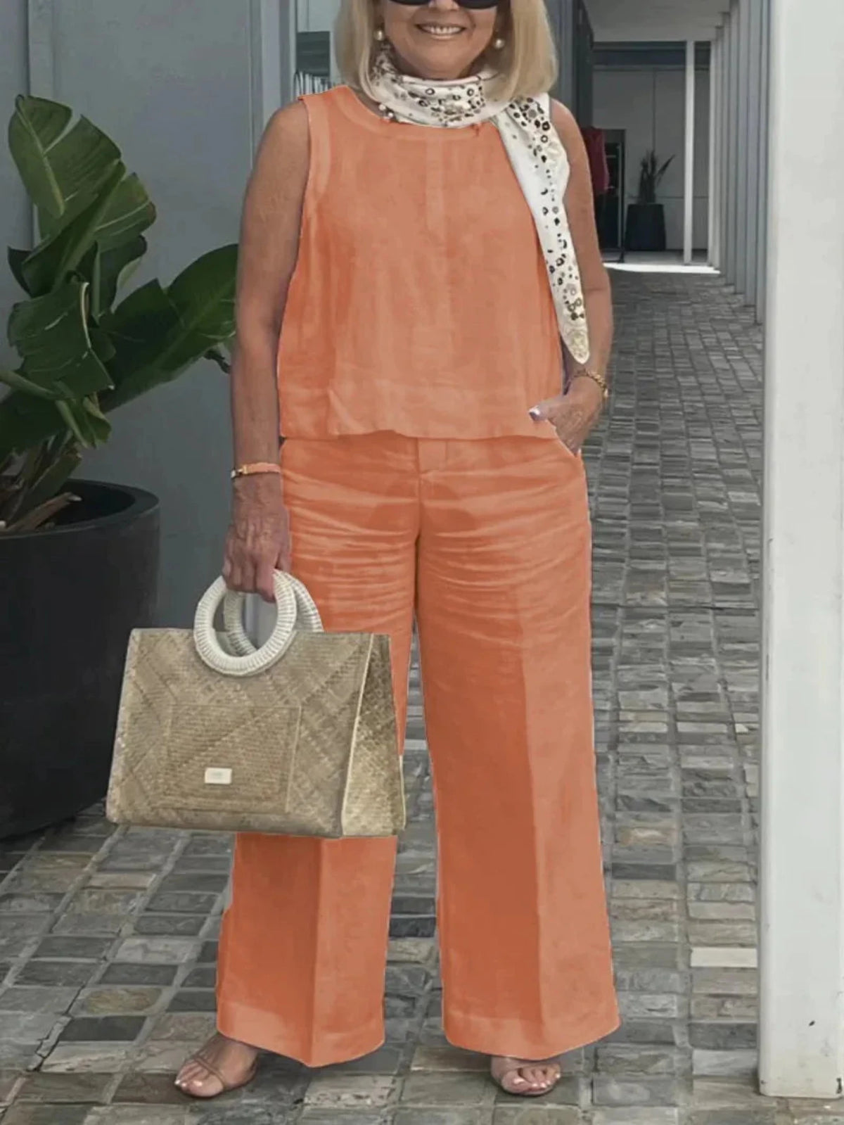 Conunto Misto sem mangas feminino, calça monocromática, bolso casual simples, elegante feminino, conjunto de 2 peças, primavera verão