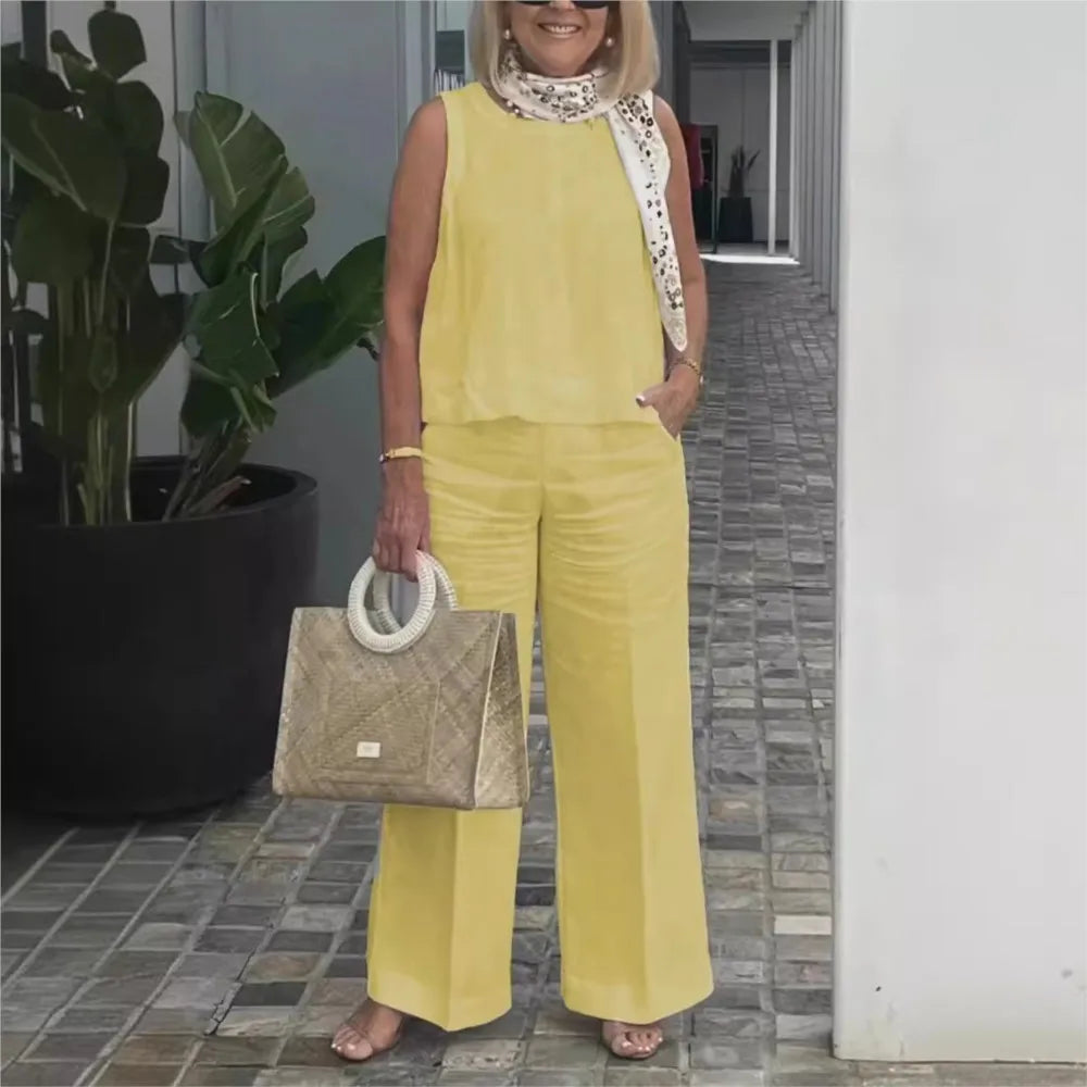 Conunto Misto sem mangas feminino, calça monocromática, bolso casual simples, elegante feminino, conjunto de 2 peças, primavera verão