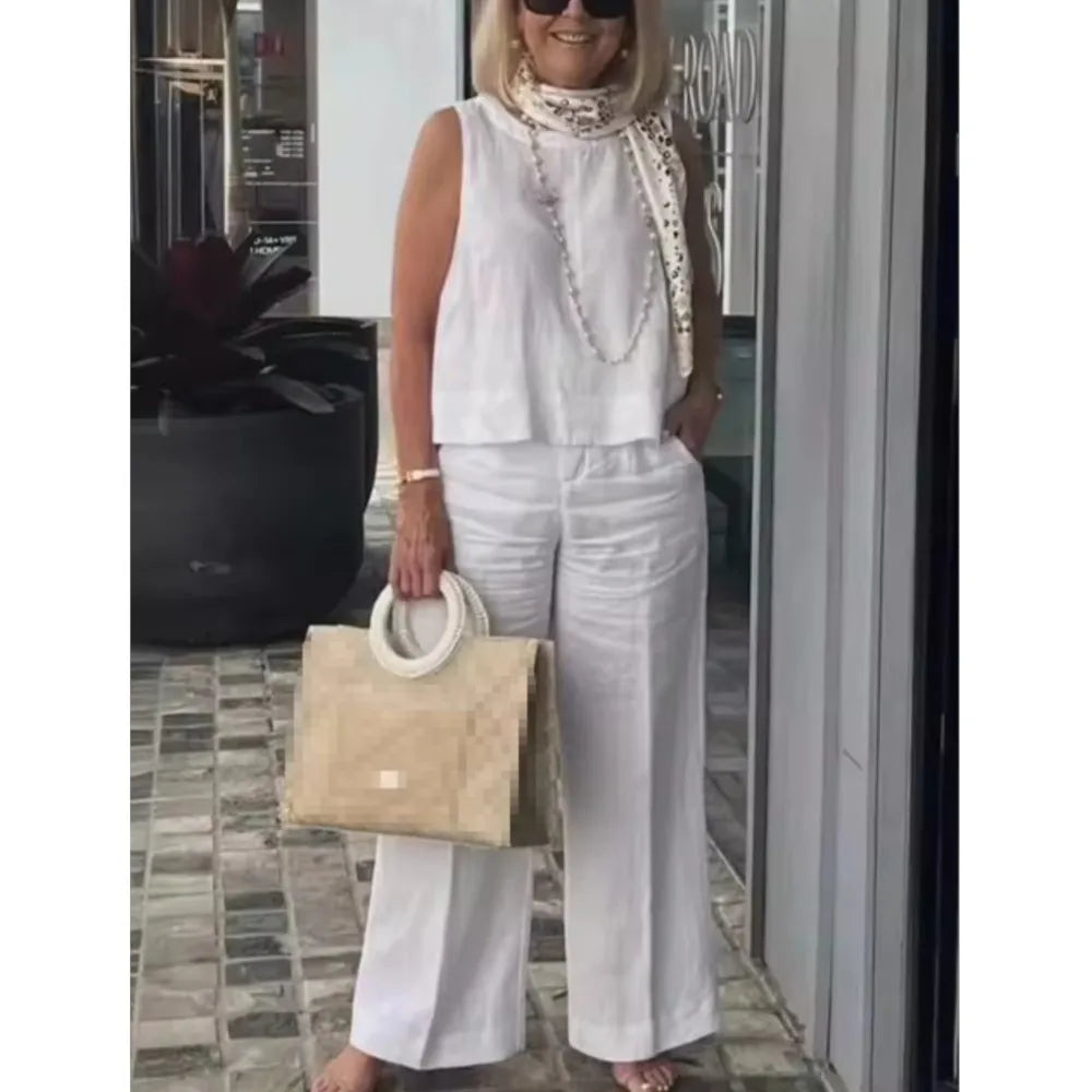 Conunto Misto sem mangas feminino, calça monocromática, bolso casual simples, elegante feminino, conjunto de 2 peças, primavera verão